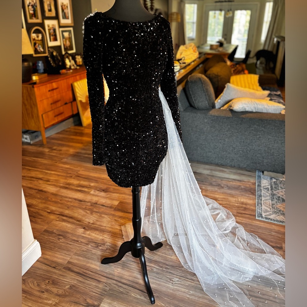 Glamorous Black Sequin Dress with Sheer White Train